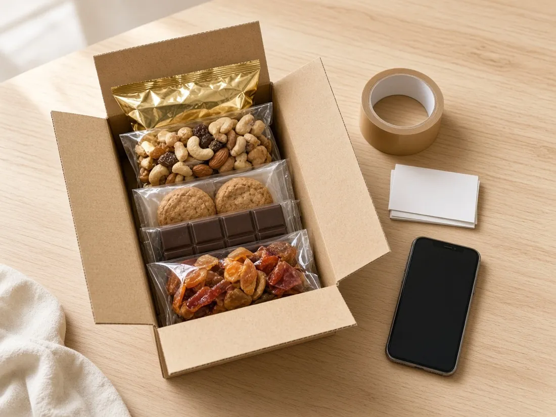 A customer order being packed: assorted sealed snack packets arranged in a kraft shipping box, with packing tape and parcel labels alongside
