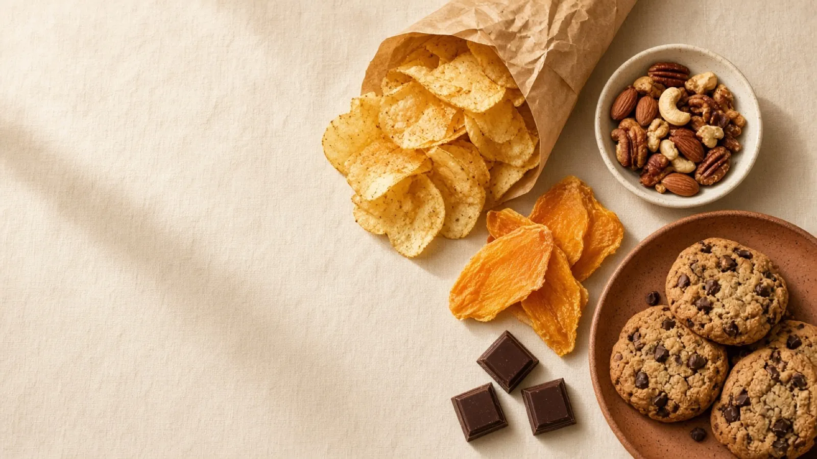An assortment of snacks laid out on a cream tablecloth: potato chips, cookies, mixed nuts, dried mango and chocolate